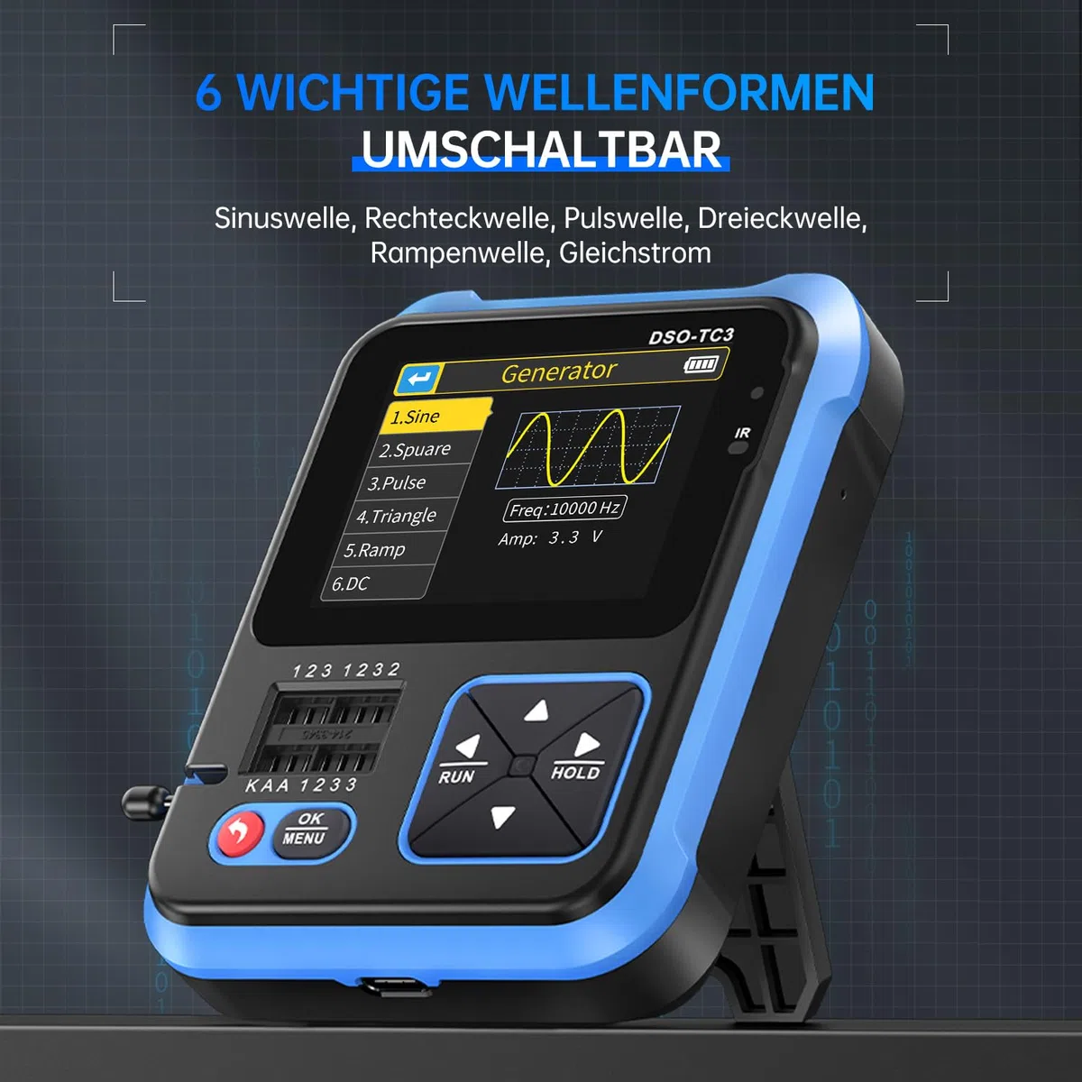 FNIRSI DSO-TC3 Oszilloskop – 3IN1 Handoszilloskop & DDS Signalgenerator & Transistortester, 500kHz Bandbreite, 10 MSa/s Abtastrate, 6 Arten von Wellenformen, Transistormessung