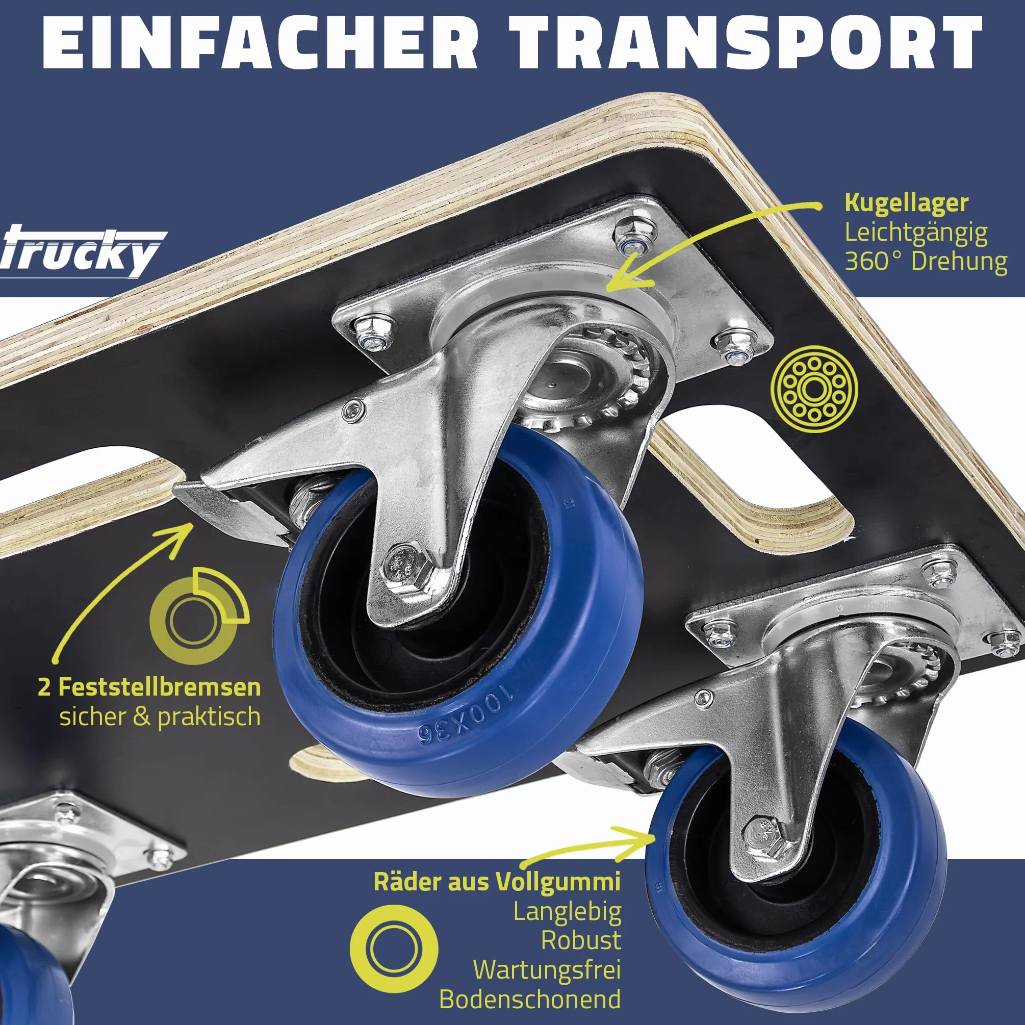Trucky 2X Rollbrett 60 x 80 cm Transportroller 800 kg Möbelroller mit 4 Rollen und 2 Bremsen Rollwagen für Möbel Transportwagen Transport