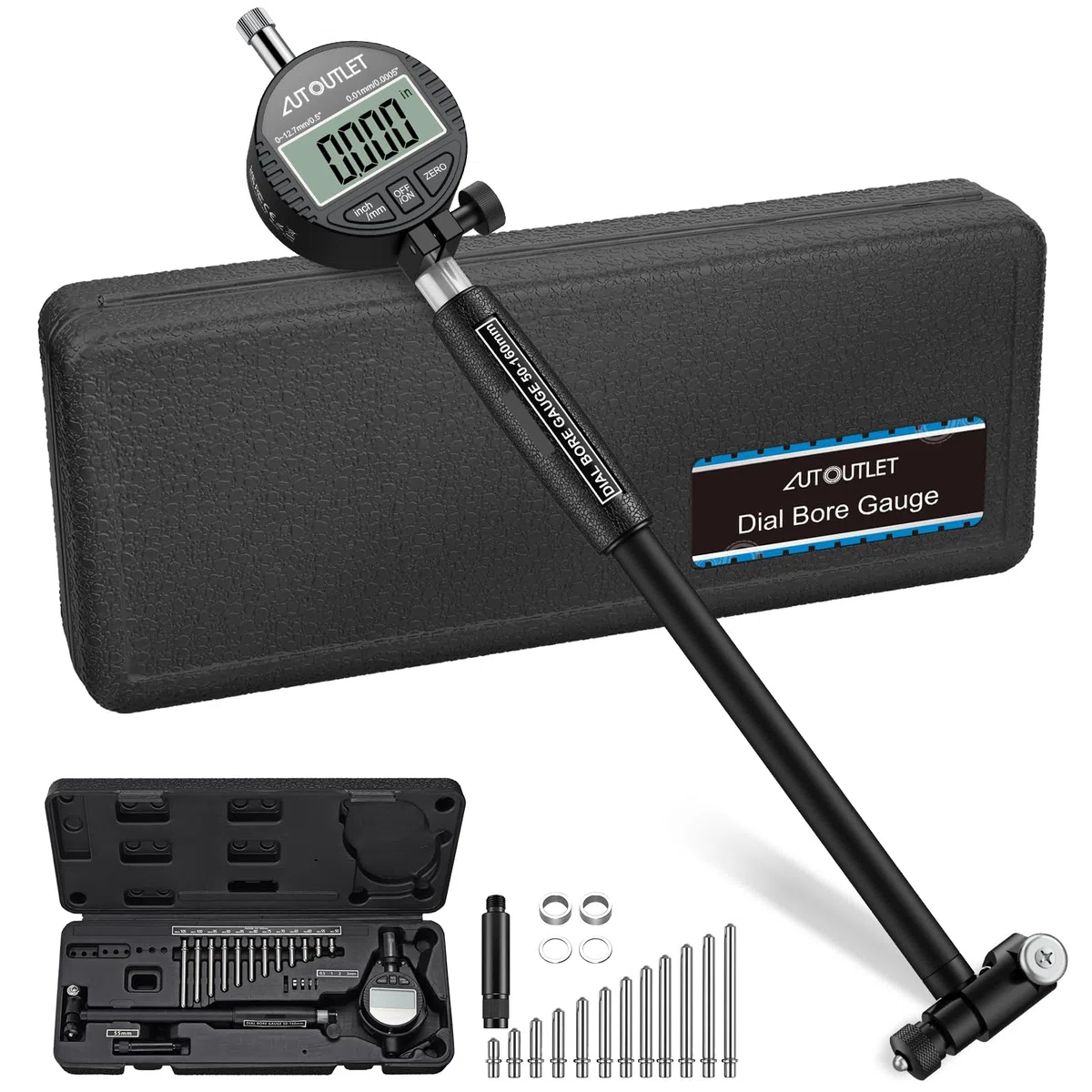 AUTOUTLET Bohrungslehre Messuhr Set 50-160mm, Digitales Bohrungsmessgerät Innenmessgerät Hohe Präzision 0,01mm Innendurchmesser Messuhren mit 12 Sonden & Box, Dial Bore Gauge Industriemesswerkzeug