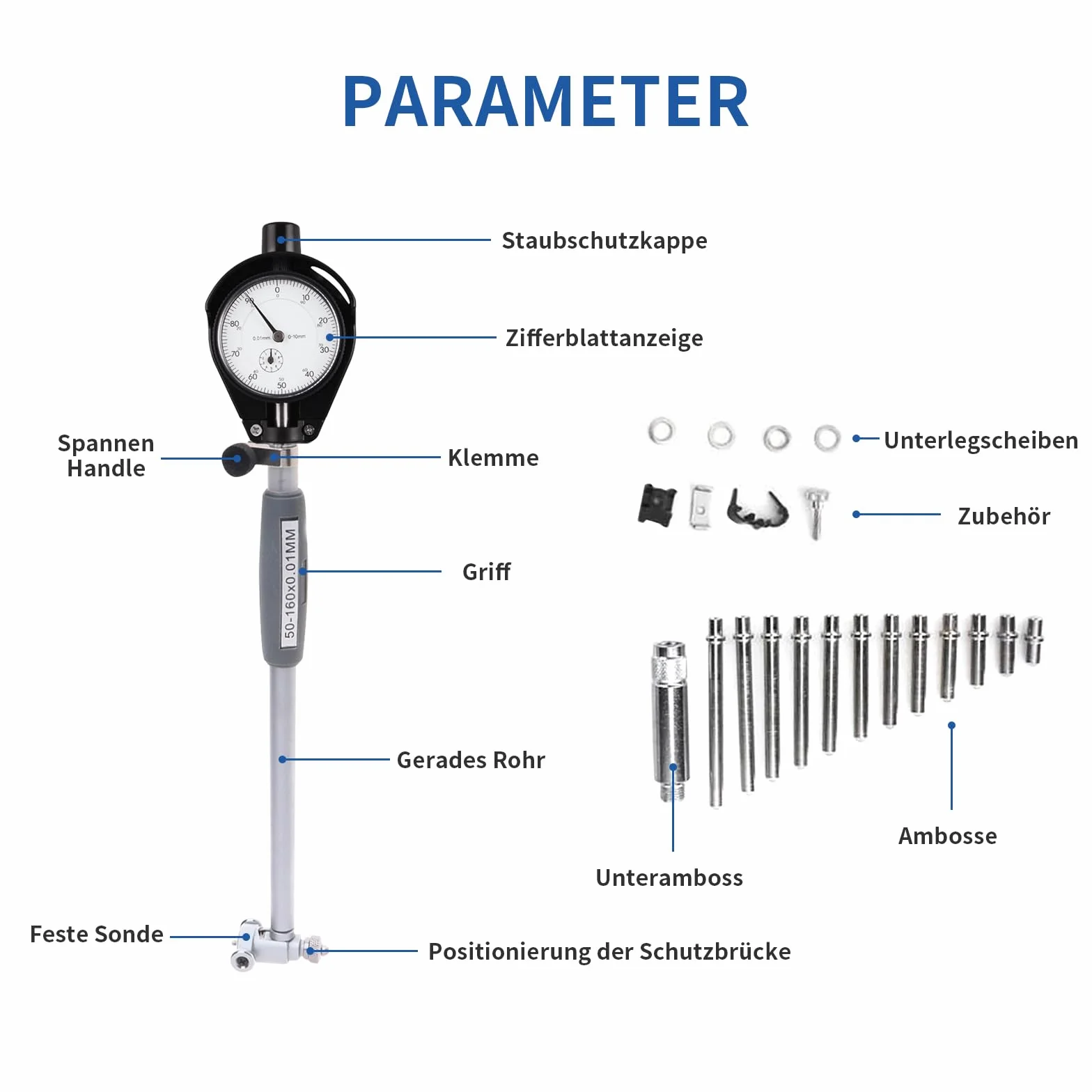 Innenmikrometer, Bohrungslehre Messuhr set 50-160mm Hohe Präzision 0,001mm Messuhr mit 12 Sonden, Innendurchmesser Messuhr Dial Bore Gauge Industriemesswerkzeug