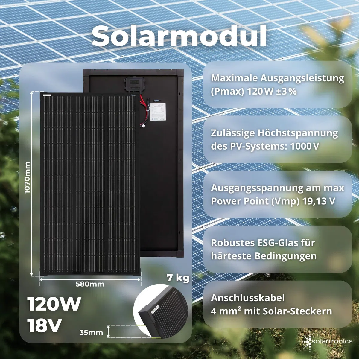 SOLARTRONICS mono schwarz Solarmodul 120W 18V – Ideal für Wohnmobil, Boot, Camping, Garten & Off-Grid Systeme - 1070 x 580 x 35