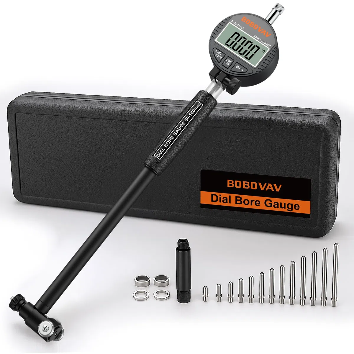 Digital Bohrungslehre Messuhr Set 50-160 mm, Innendurchmesser Messuhr Präzision 0,01 mm Zylinder Messuhr Metrisch/Zoll Anzeige mit 12 Messspitzen für Formabweichungen