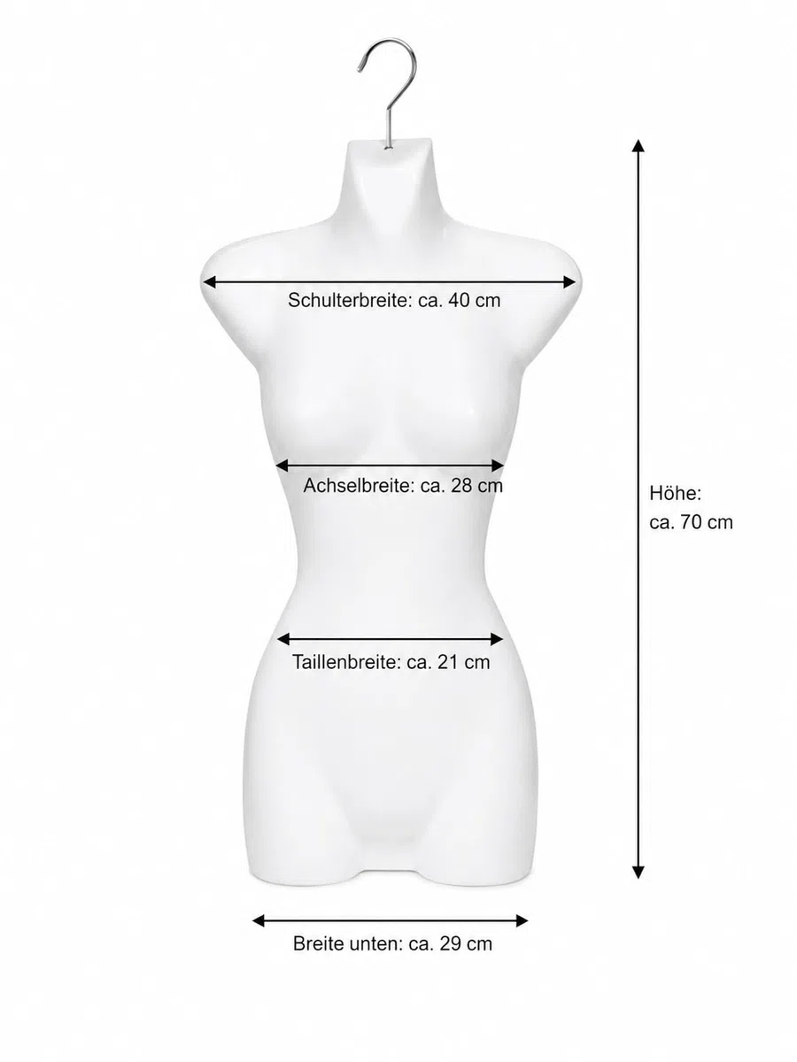 6er Set Torso Weiblich - 70 cm Damentorso aus Kunststoff - Mannequin Oberkörper Halbplastik in Farbe weiß - Mannequin Büste - Halbplastischer Damenbody - Puppe Figur - Schaufensterpuppe mit Haken