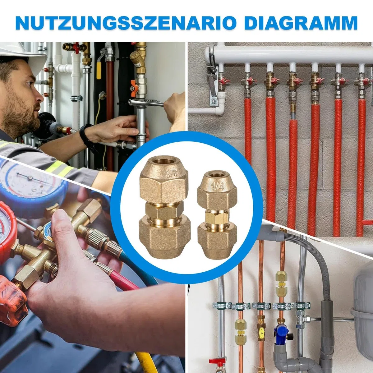 4 Stück Rohrverlängerungs-Verbindungsset, 2x 1/4" + 2x 3/8" mit Überwurfmutter, Schweißfreier Rohrverbinder für Split-Klimaanlagen & Kältemittelleitungen