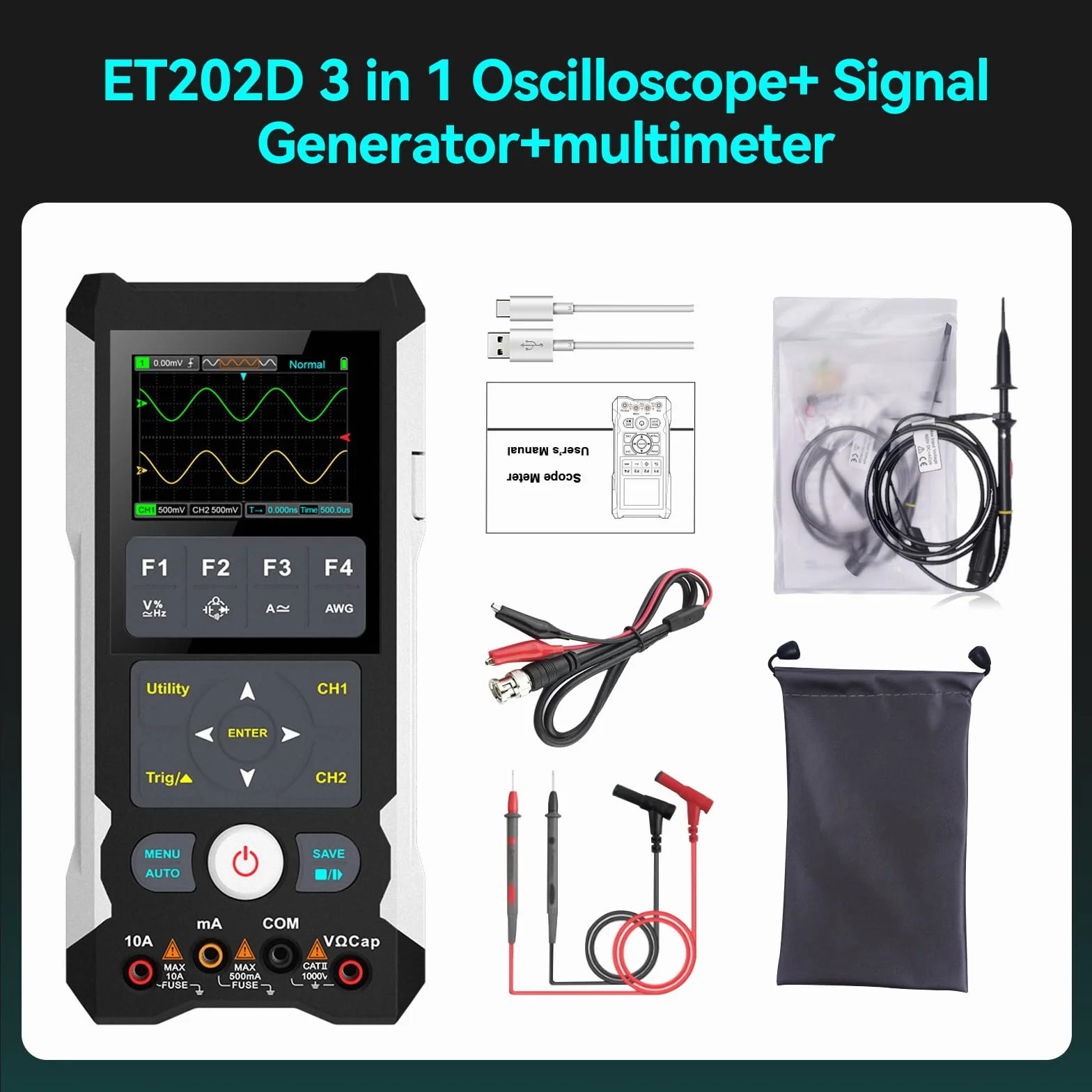 Digitales Oszilloskop + Signalgenerator + Multimeter 3 in 1: Handheld-Digitaloszilloskop 80MHz Bandbreite, 250MS/s, 2 Kanal 2 in 1 Oszilloskop Tragbares Handheld-Oszilloskop für KFZ & Elektronik