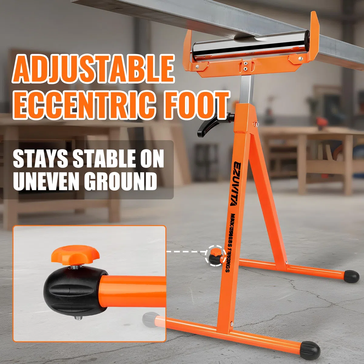 2er-Pack klappbare Rollenständer, 113kg Tragkraft pro Ständer, 70.5–110cm höhenverstellbar, stabile Unterstützung für Tischkreissägen und Holzbearbeitung