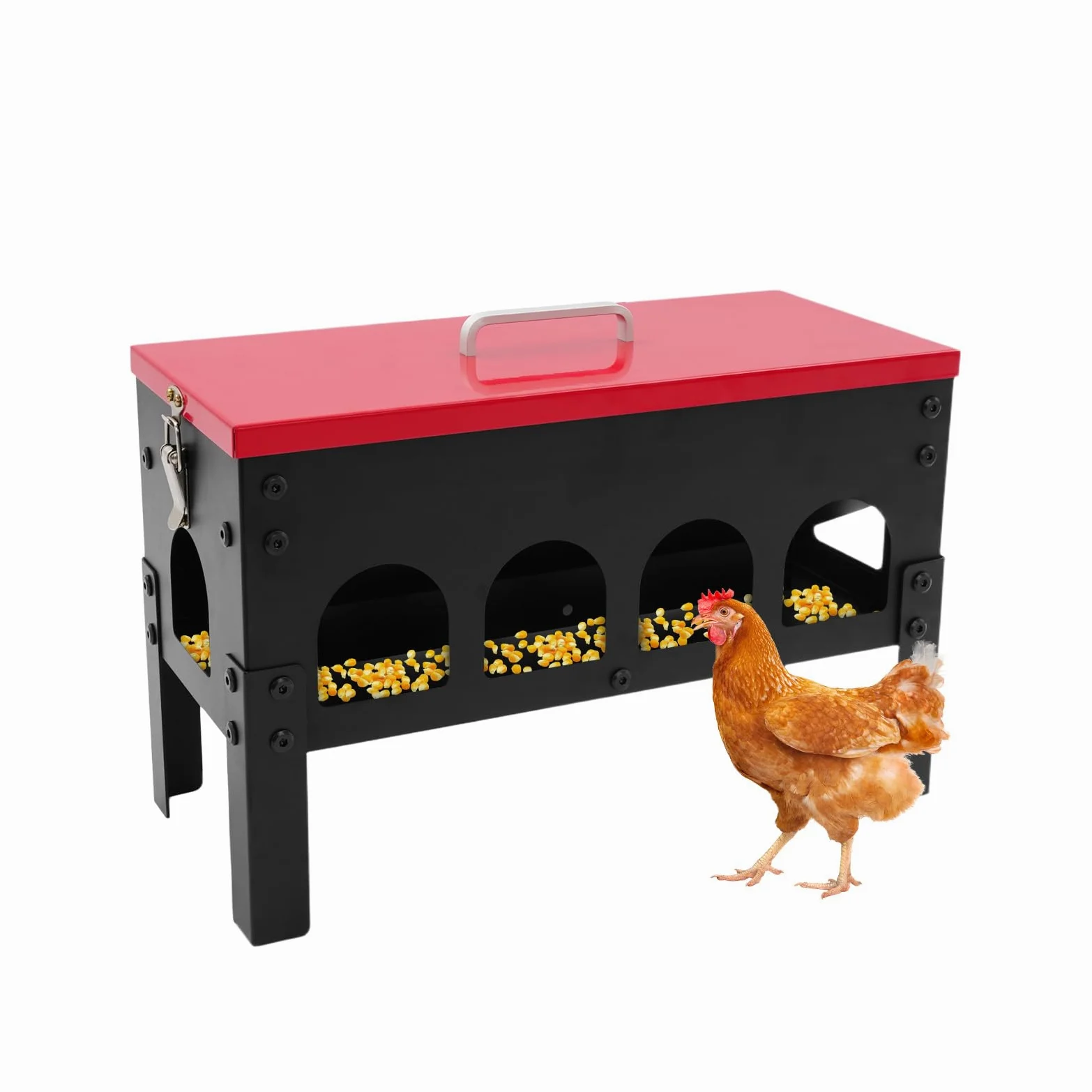 Automatischer Hühnerfütterer, 10L Futterautomat mit 10 Öffnungen Metall Geflügelfütterer Tragbares Futterspender Hühnerfuttertrog Hühnerfutterautomat für Bauernhöfen 41x18x27cm (Rot, Weiß)