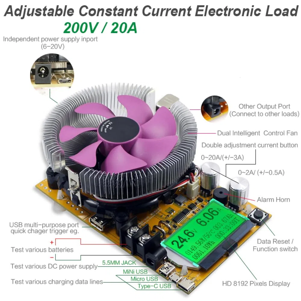 150W 20A Einstellbare Konstantstrom Elektronische Last, Hohe Präzision Entladungswiderstand Kapazität Tester mit LCM Display