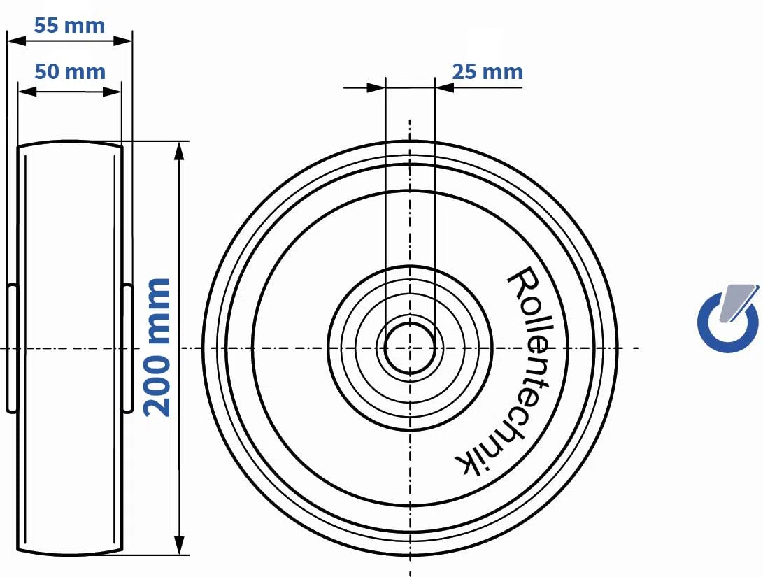 Rollentechnik Hubwagen Lenkrad Hubwagenrad 200x50 mm Polyurethan mit Kugellager Bohrung 25 Nabenlänge 55 Einbaulänge 40
