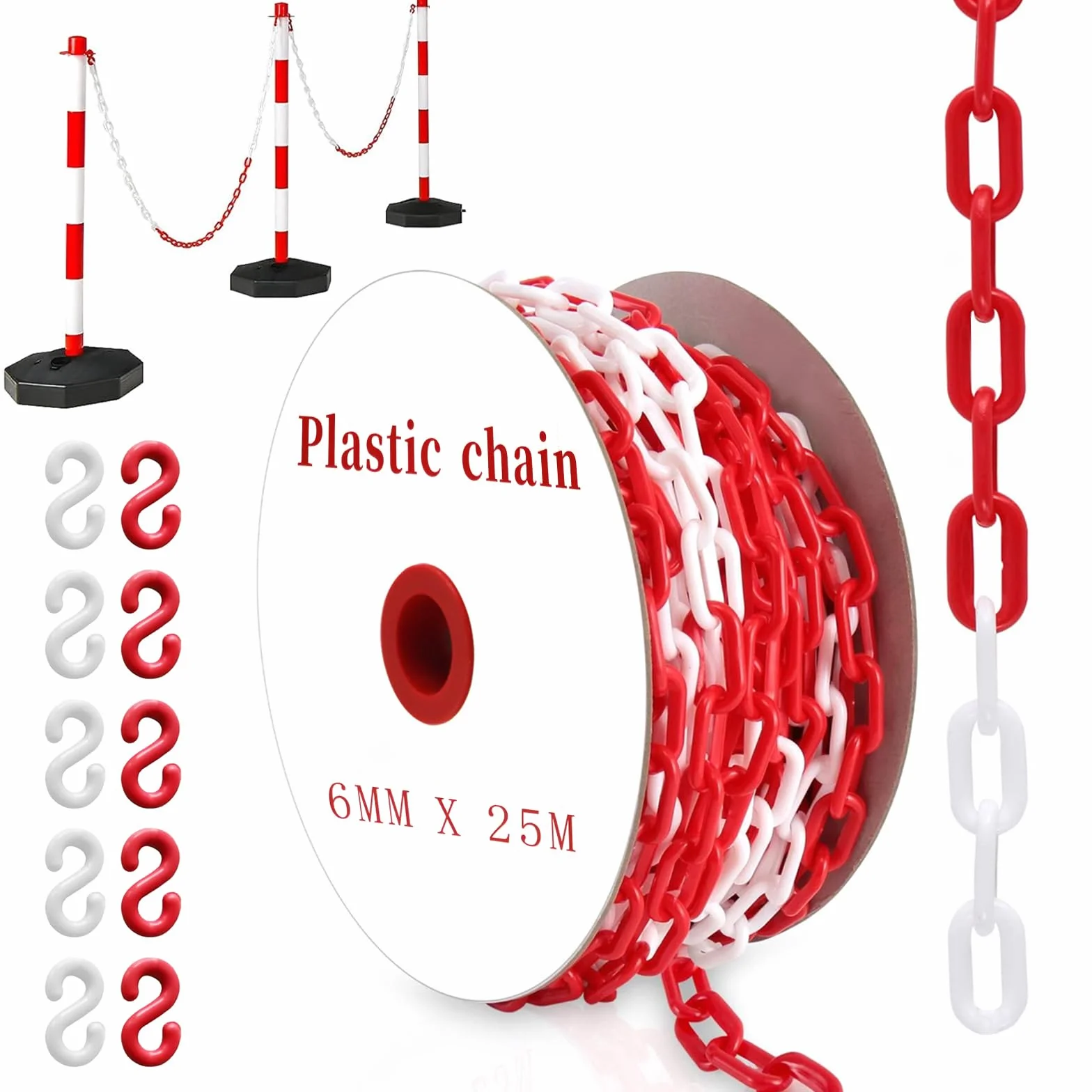 Absperrkette Kunststoffkette 25M Warnkette 6mm Plastikkette Kunststoff kette mit 10 Karabinern für Barrieren in Auffahrten zum Absperren von Flächen Gut Sichtbar (Rote Weiße, 25M)