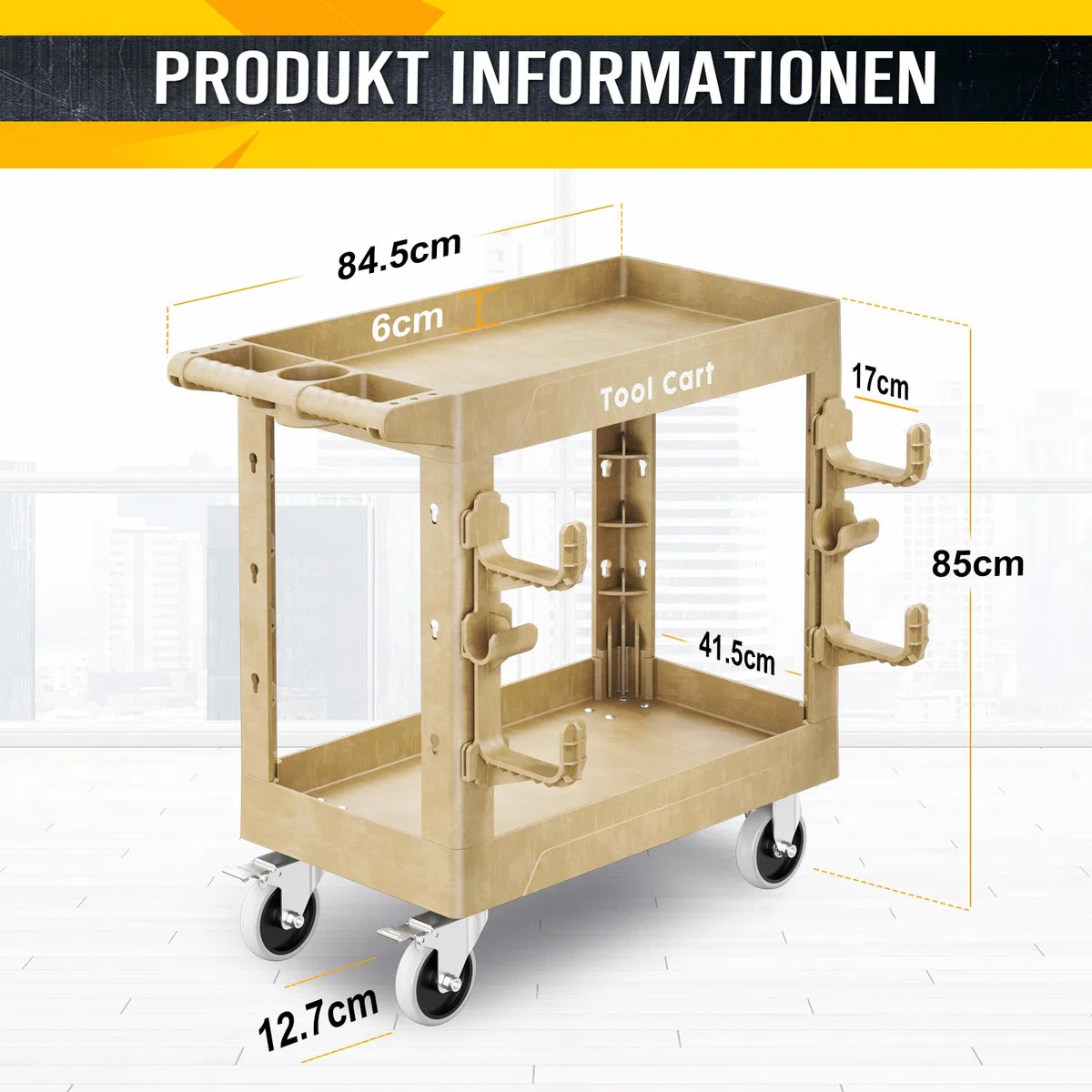 LDHTHOPI Servierwagen MAX 250kg,Werkstatt RollWagen 84.5x41.5x85cm mit 2 Lastaufnahmehaken,Schwerlast Kunststoff Vielzweckwagen 2 Lenkrollen mit Bremse,Holzfarbe,für Lager Garagen Büros Gärten Hotels