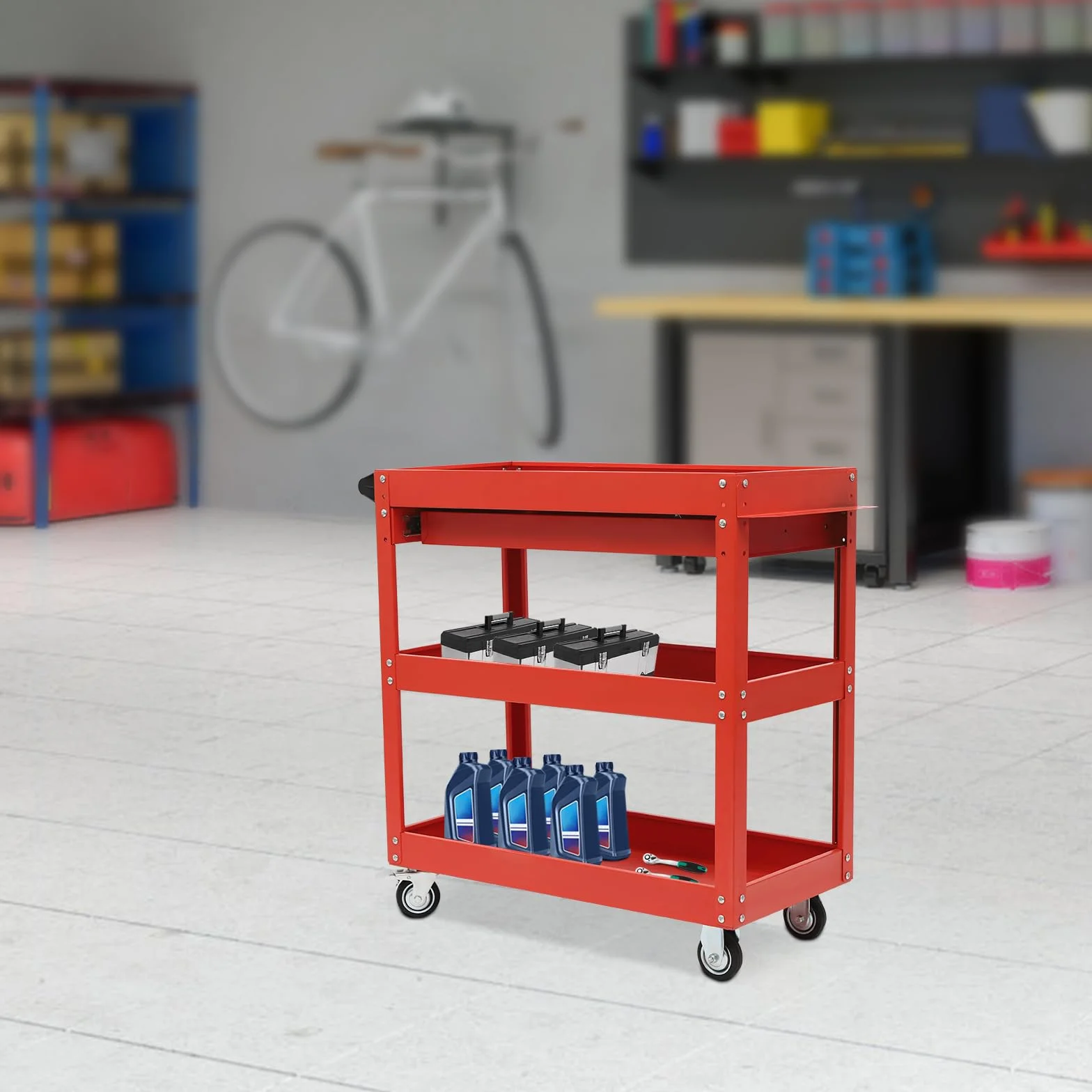 Rollender Werkstattwagen, 3 Etagen Schwerer Werkzeugwagen, Metall Servicewagen für Garage & Werkstatt, bis Tragkraft 150 kg (Rot)