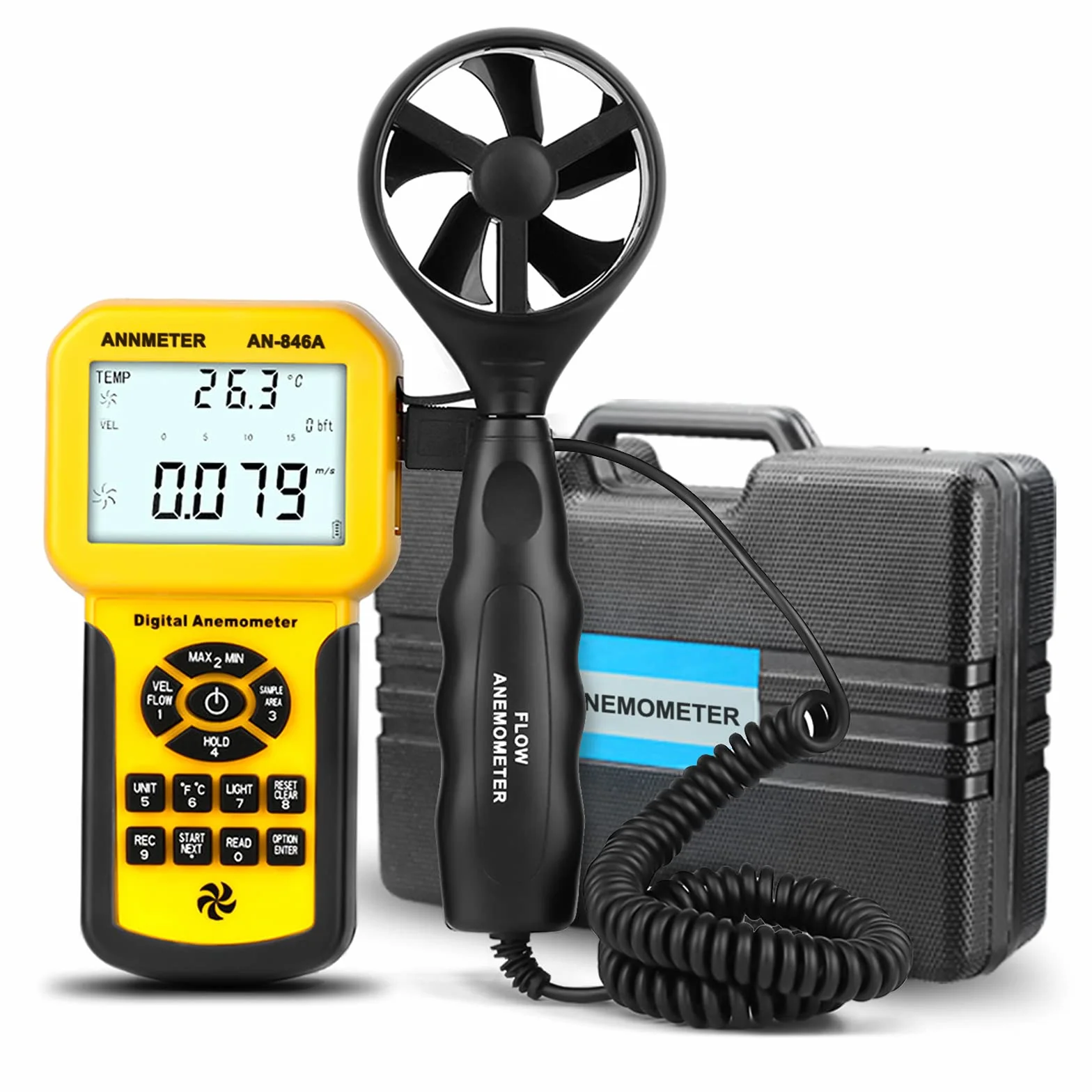 AIOMEST Digital Anemometer, Windmesser Windmessgerät Handheld, AI-846A Windmesser CFM Wind Speed Meter mit MAX/MIN/AVG Funktionen für Windgeschwindigkeit Temperatur Tester, HVAC