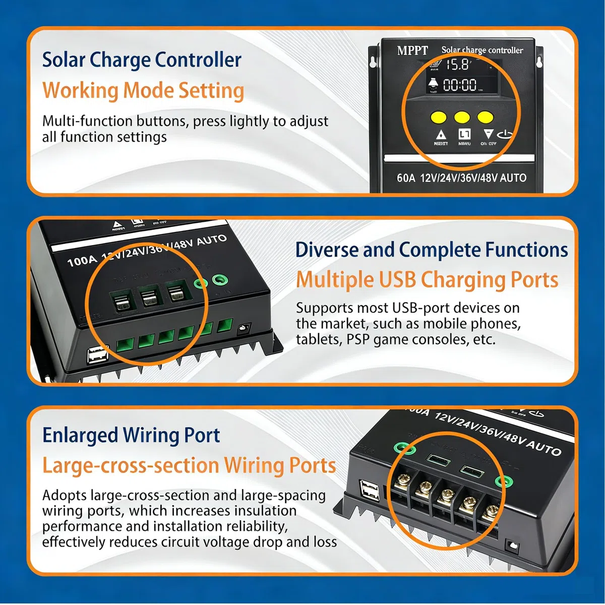 MPPT Laderegler Solar 12V 24V 36V 48V Auto, 100A Solarladeregler mit LCD Display & Dual USB, Smart Solarregler, Solar Charge Controller für Blei-Säure-Batterie Lithium Batterien Lifepo4 usw