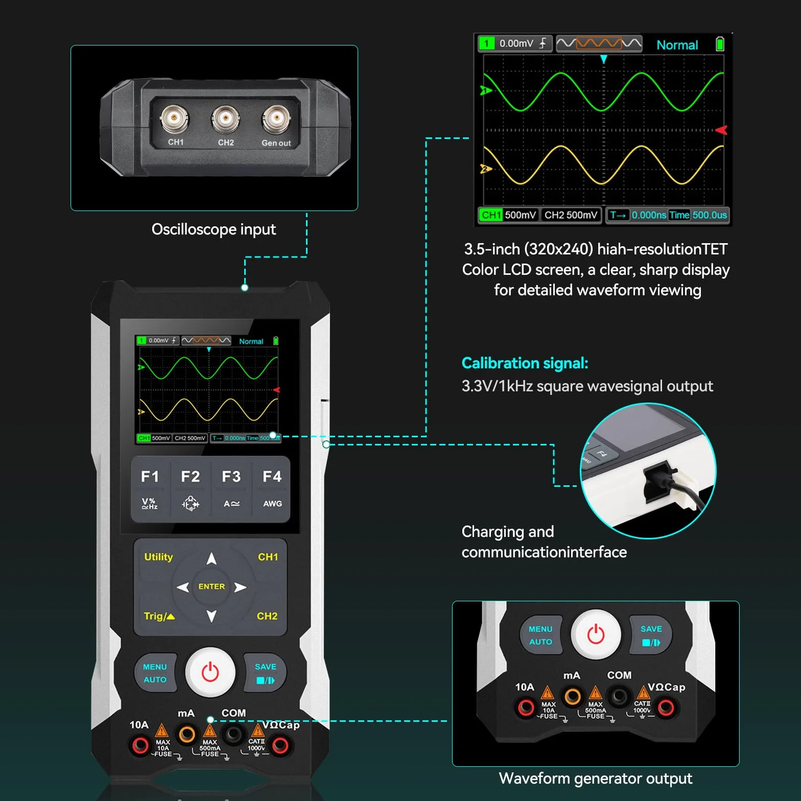 Digitales Oszilloskop + Signalgenerator + Multimeter 3 in 1: Handheld-Digitaloszilloskop 80MHz Bandbreite, 250MS/s, 2 Kanal 2 in 1 Oszilloskop Tragbares Handheld-Oszilloskop für KFZ & Elektronik
