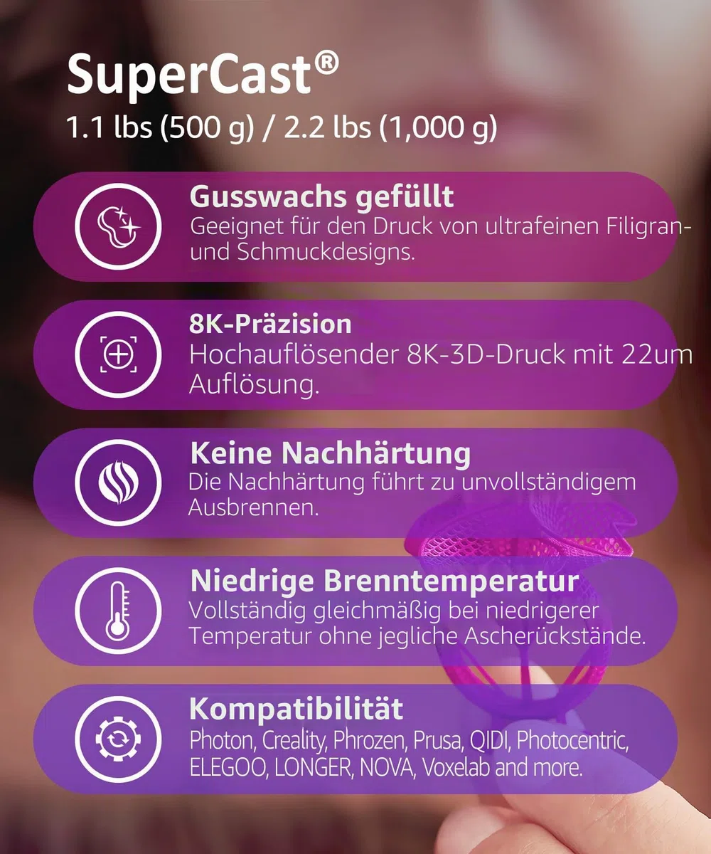 SuperCast 8K 3D Drucker Harz Wachsgefüllt für ultrafeine Filigranarbeiten, Schmuck und Metallguss, Hergestellt in Korea von 3DMaterials (500g)