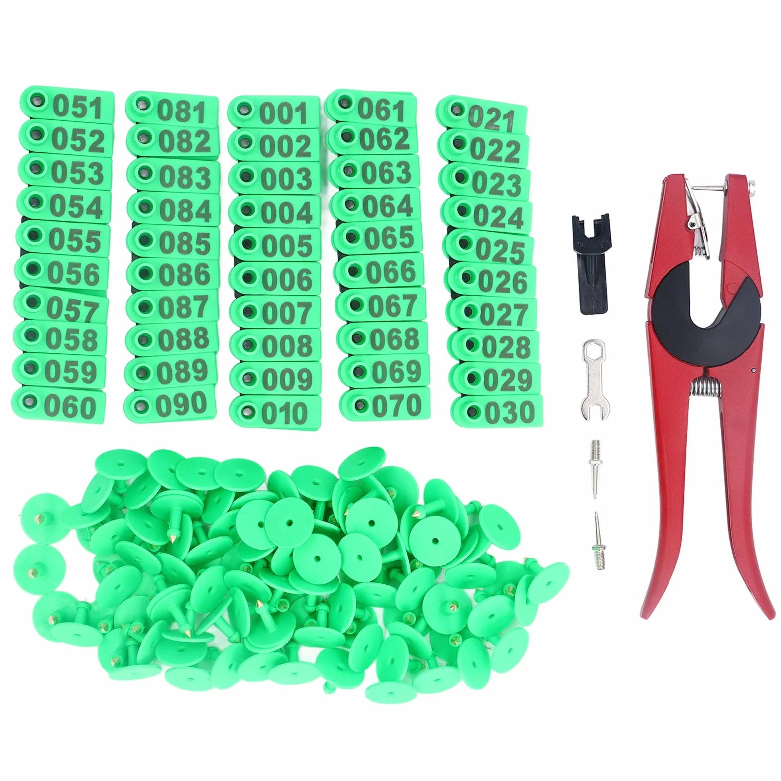 Kunststoff Vieh Ohrmarke, 1-100 Nummer, Sheep Ear Tag, mit Einteilige Ohr Tag Zange, 100 Stück, Grün, für Schafe, Tiere, Bauernhof, Ziegen, Rinder, Kuh, Schwein, Pferd
