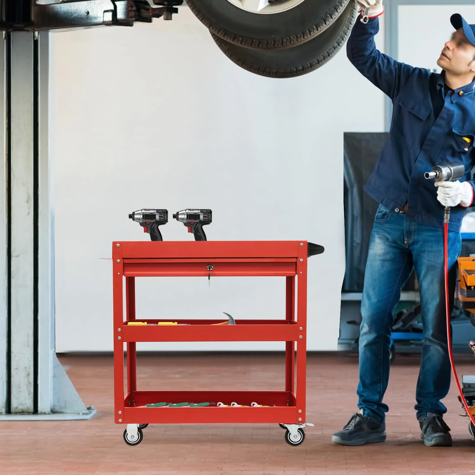 Rollender Werkstattwagen, 3 Etagen Schwerer Werkzeugwagen, Metall Servicewagen für Garage & Werkstatt, bis Tragkraft 150 kg (Rot)