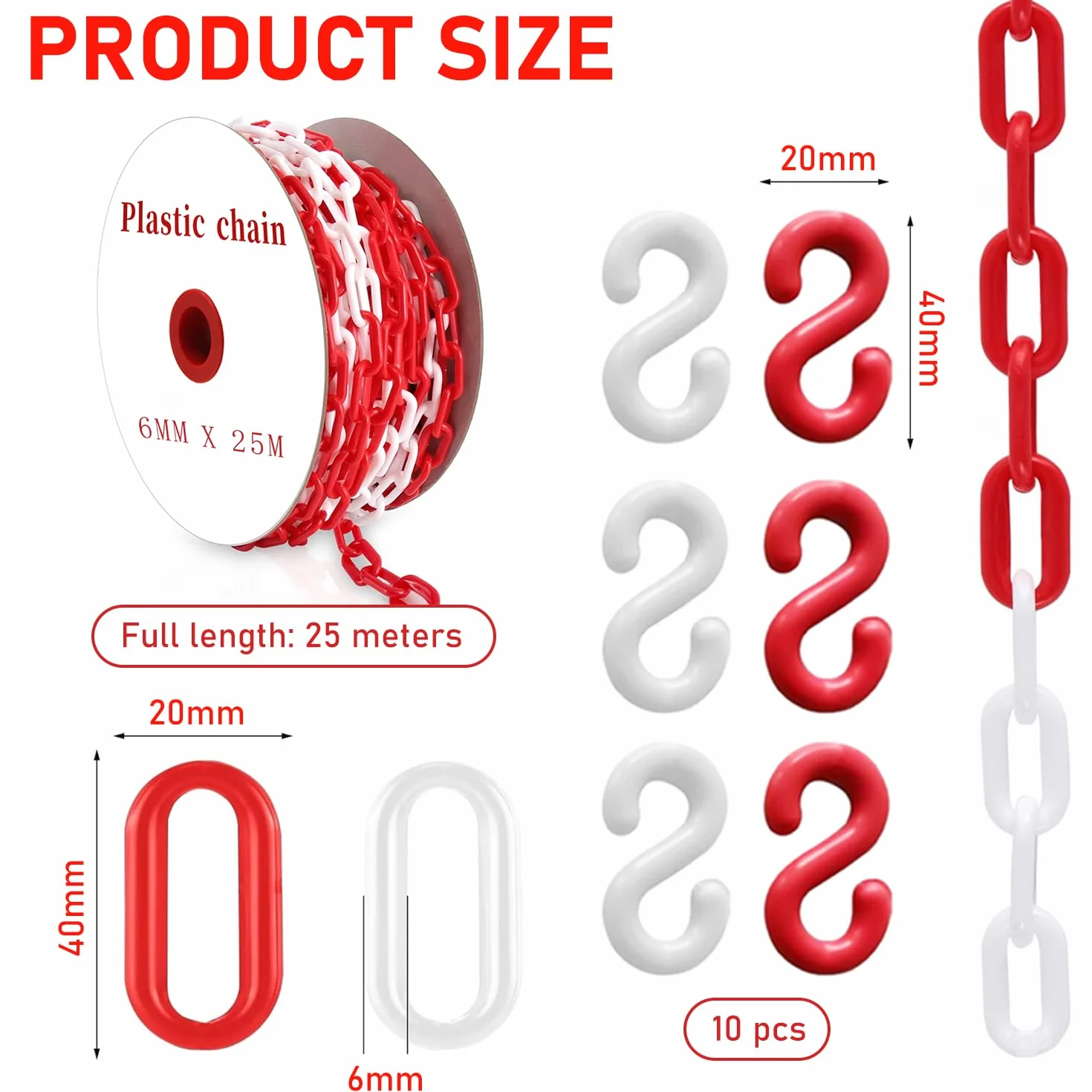 Absperrkette Kunststoffkette 25M Warnkette 6mm Plastikkette Kunststoff kette mit 10 Karabinern für Barrieren in Auffahrten zum Absperren von Flächen Gut Sichtbar (Rote Weiße, 25M)