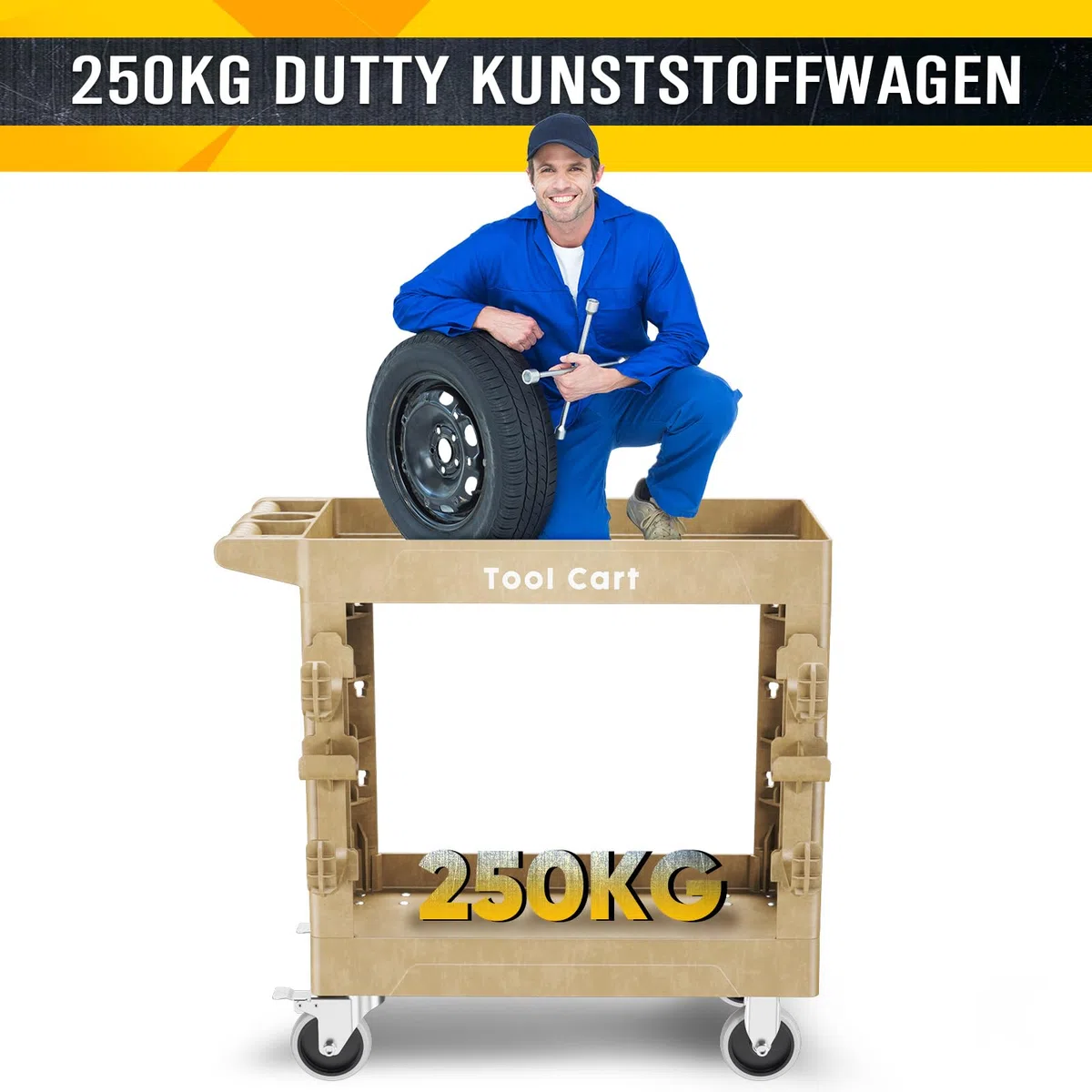 LDHTHOPI Servierwagen MAX 250kg,Werkstatt RollWagen 84.5x41.5x85cm mit 2 Lastaufnahmehaken,Schwerlast Kunststoff Vielzweckwagen 2 Lenkrollen mit Bremse,Holzfarbe,für Lager Garagen Büros Gärten Hotels