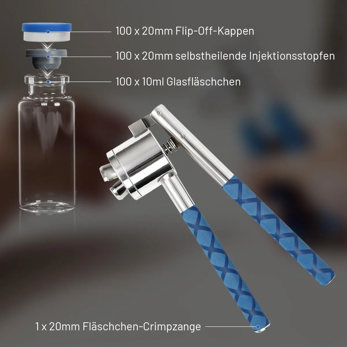 20mm Crimper für Flip off Fläschchen + 100 Stücke 10ml labor Glasfläschchen + 100 Gummistopfen + 100 Kunststoff-Aluminium-Kappen