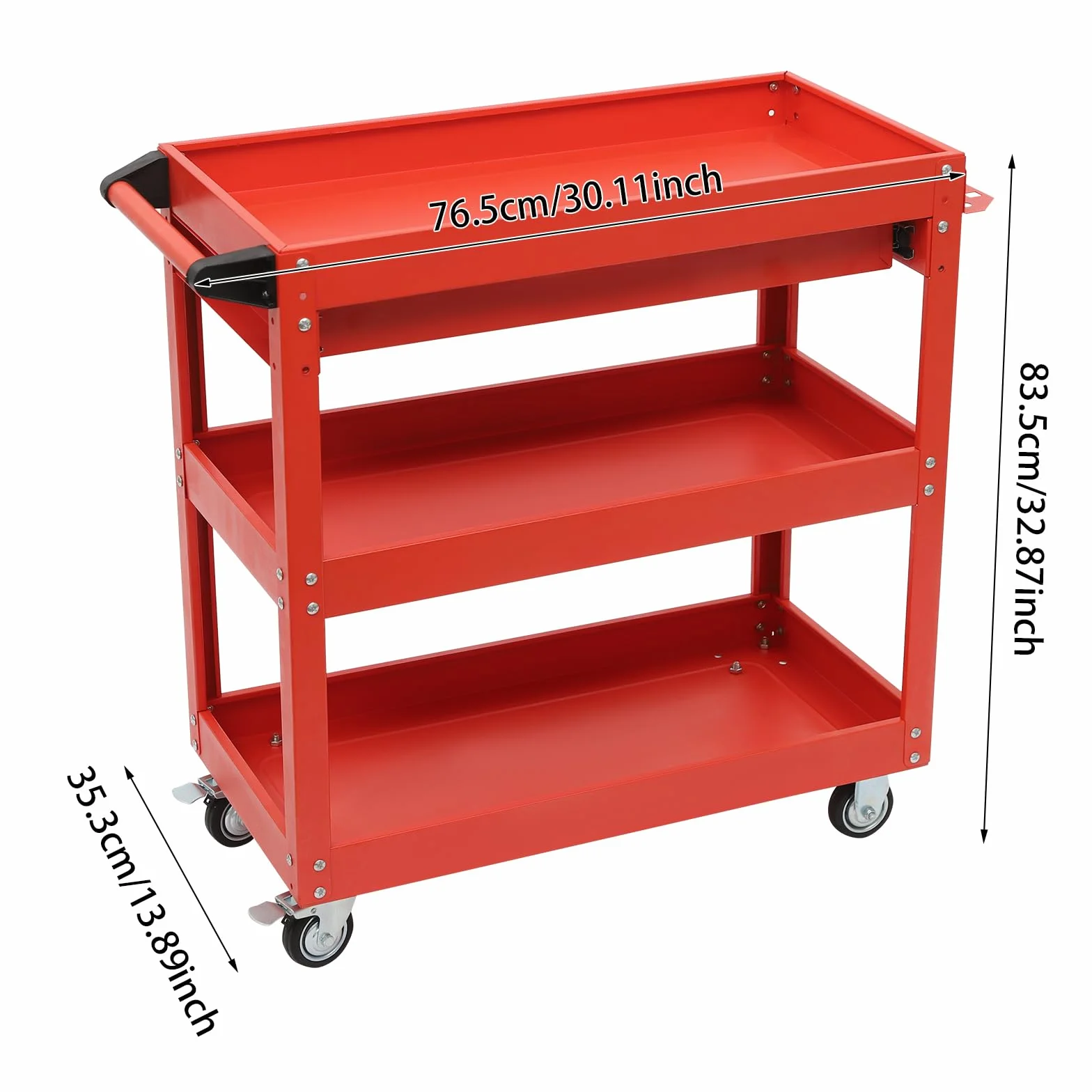 Rollender Werkstattwagen, 3 Etagen Schwerer Werkzeugwagen, Metall Servicewagen für Garage & Werkstatt, bis Tragkraft 150 kg (Rot)