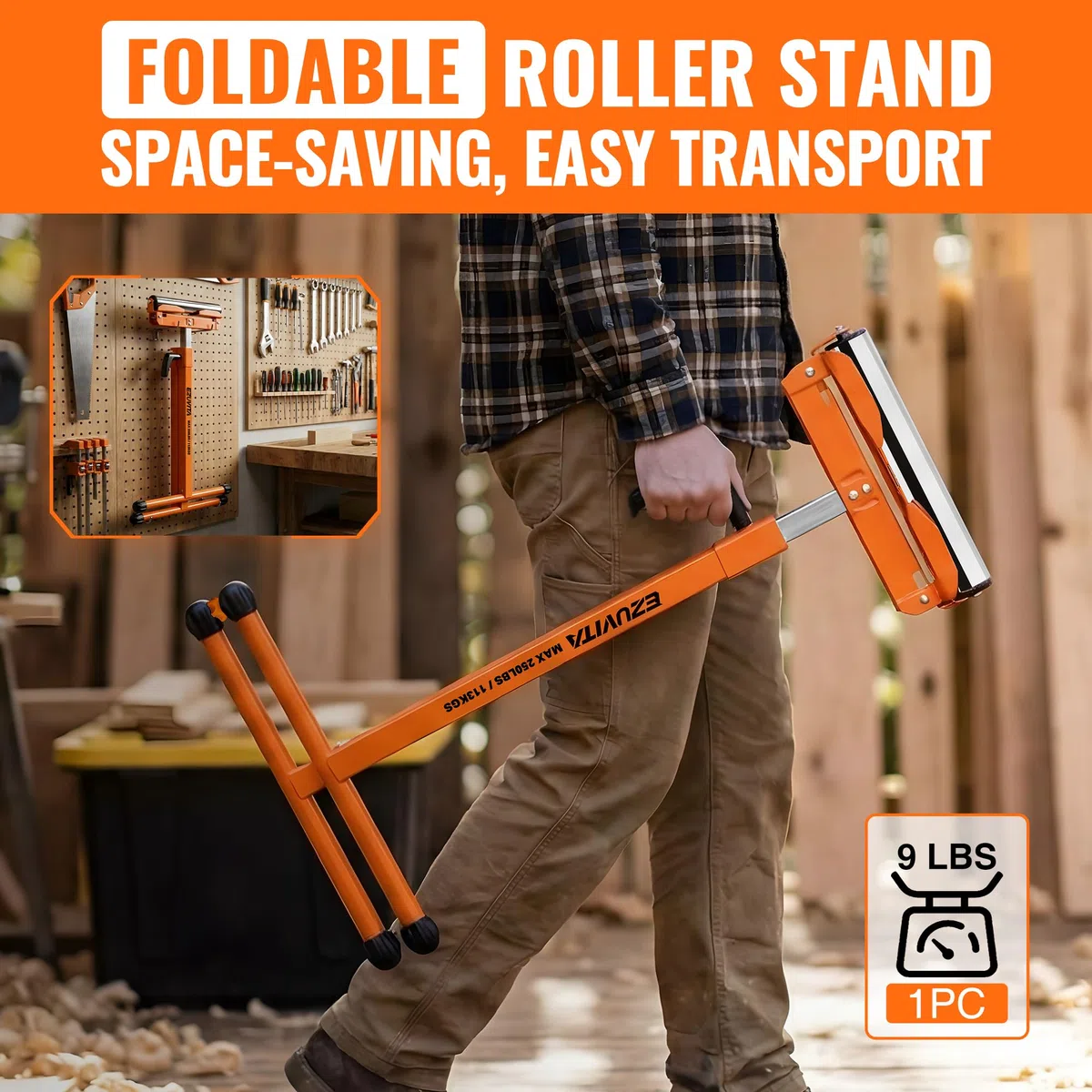 2er-Pack klappbare Rollenständer, 113kg Tragkraft pro Ständer, 70.5–110cm höhenverstellbar, stabile Unterstützung für Tischkreissägen und Holzbearbeitung