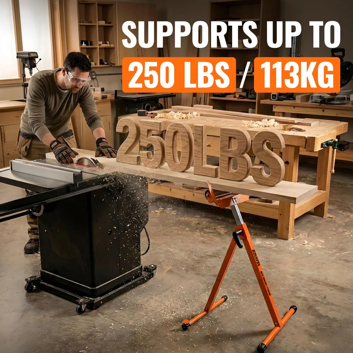 2er-Pack klappbare Rollenständer, 113kg Tragkraft pro Ständer, 70.5–110cm höhenverstellbar, stabile Unterstützung für Tischkreissägen und Holzbearbeitung