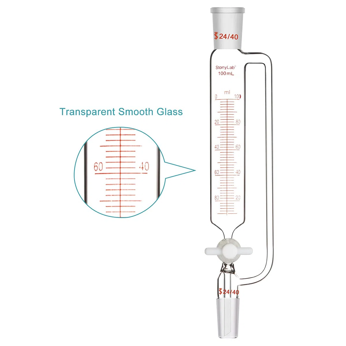 stonylab Druckausgleich Glastropftrichter mit Abgestufter Zugabe, Borosilikatglas Tropftrichter Addition Funnel Labortrichter mit 24/40 Gelenk und PTFE Absperrhahn (24/40 Joint, 100 ml)