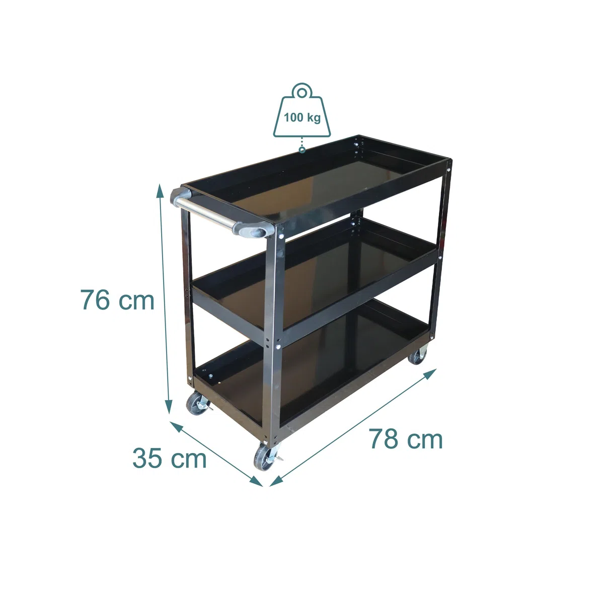 Relaxdays Werkstattwagen, Werkzeugwagen mit 3 Ebenen, mobiler Montagewagen, bis 100 kg, HBT: 76 x 35 x 78 cm, schwarz