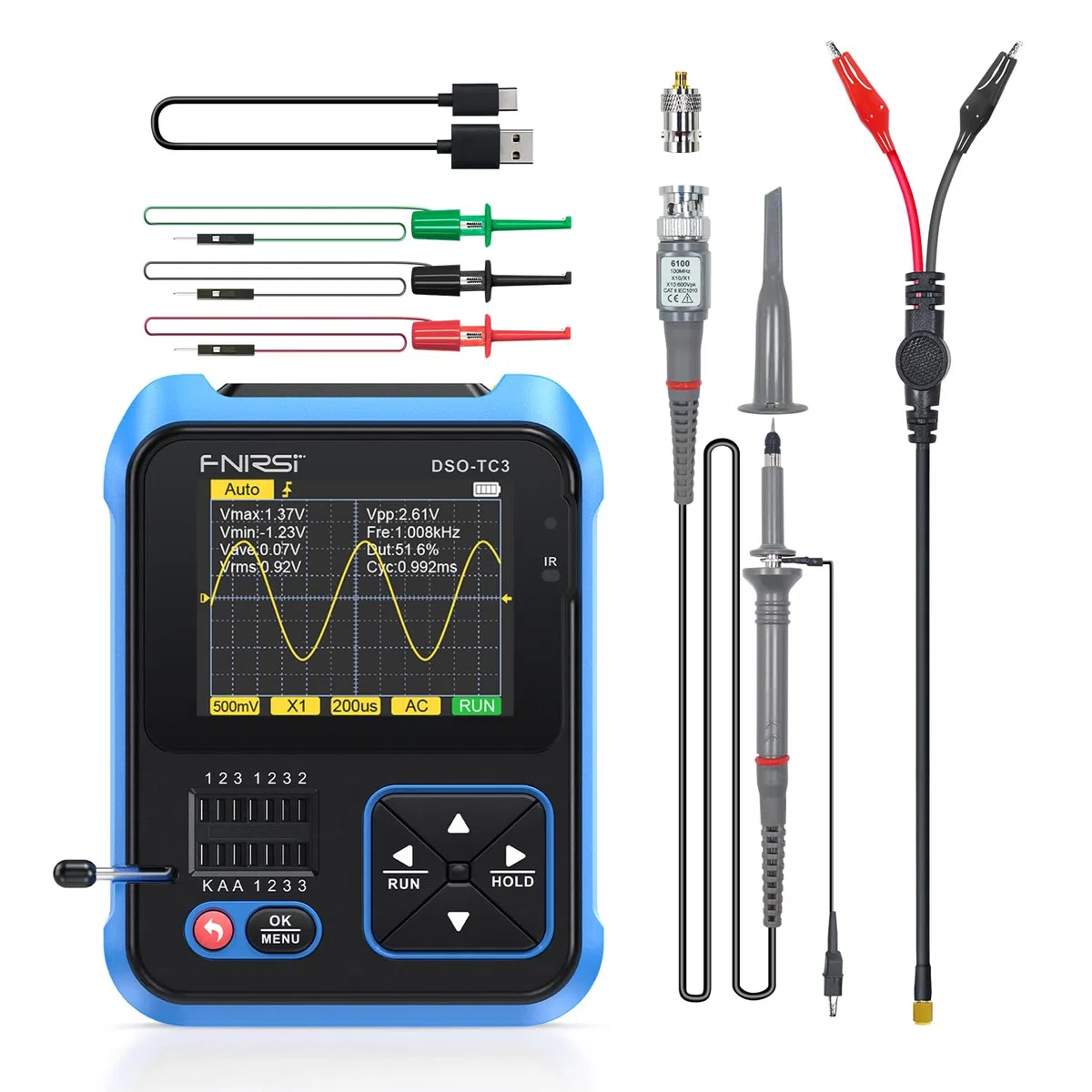 FNIRSI DSO-TC3 Oszilloskop – 3IN1 Handoszilloskop & DDS Signalgenerator & Transistortester, 500kHz Bandbreite, 10 MSa/s Abtastrate, 6 Arten von Wellenformen, Transistormessung
