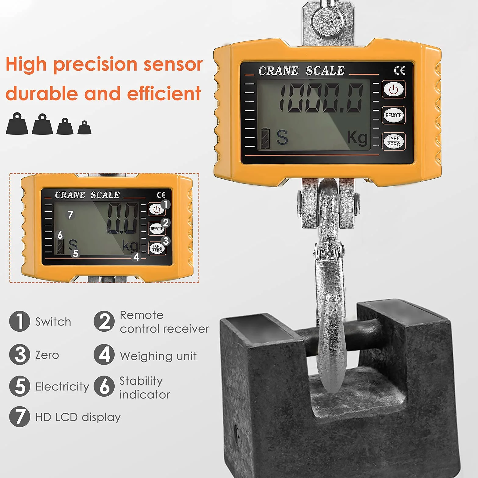 Hängewaage Digitalgewicht 2200lbs/1000kg Industriell Kranwaage Hochleistungs-Hängewaage für Bauernhöfe Tragbare elektronische Hängewaage 1T (A)