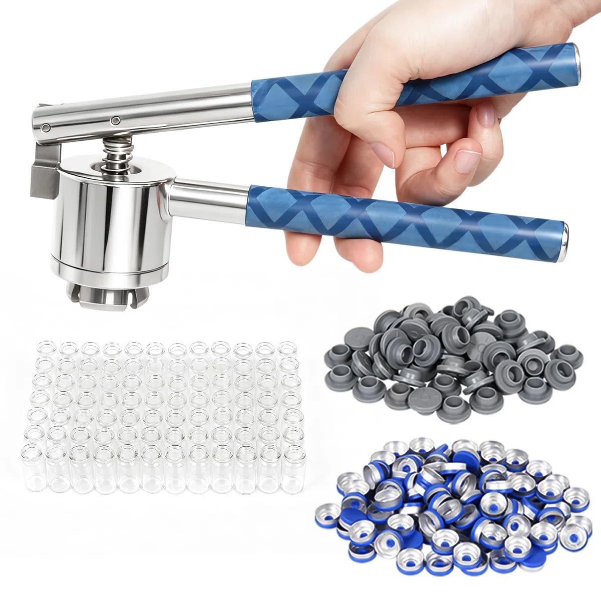 20mm Crimper für Flip off Fläschchen + 100 Stücke 10ml labor Glasfläschchen + 100 Gummistopfen + 100 Kunststoff-Aluminium-Kappen