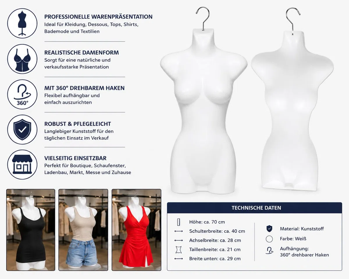 6er Set Torso Weiblich - 70 cm Damentorso aus Kunststoff - Mannequin Oberkörper Halbplastik in Farbe weiß - Mannequin Büste - Halbplastischer Damenbody - Puppe Figur - Schaufensterpuppe mit Haken