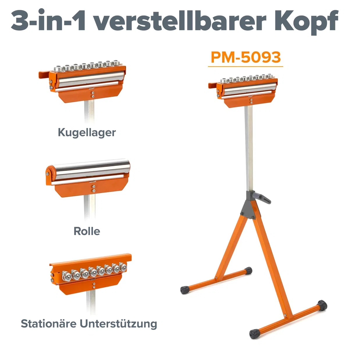 BORA Portamate PM-5093 Rollenständer 3-in-1 – höhenverstellbar 68–110 cm, polierte Stahlrolle 28,6 cm, Kugellager, multidirektionale Kugelrollen, Tragkraft 136 kg