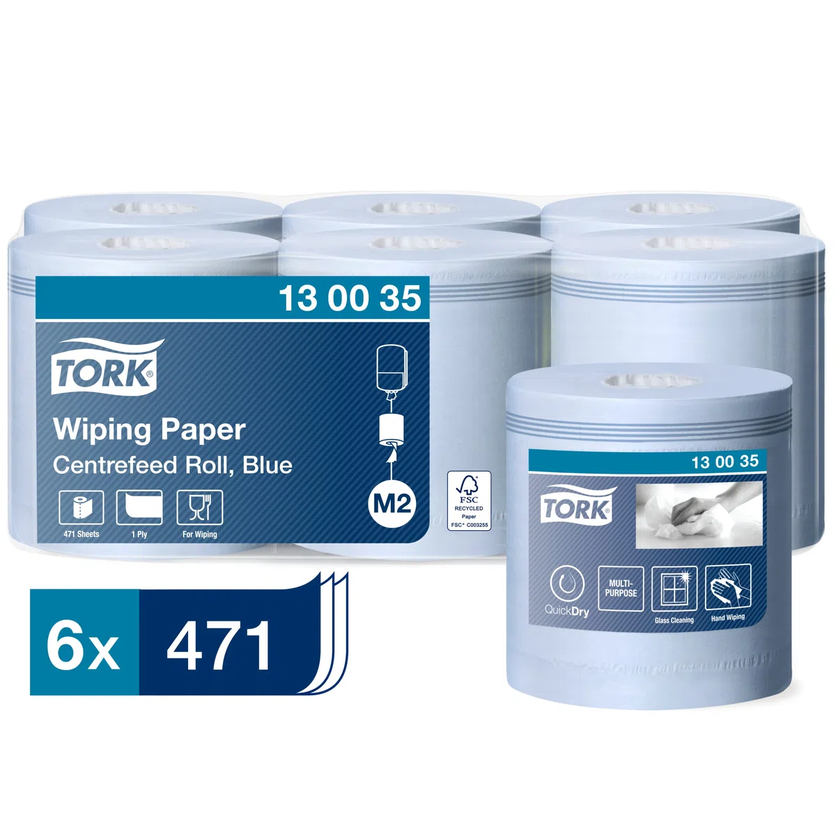 Tork Papierwischtücher mit Innenabrollung Blau M2, Saugfähig, 6 × 471 Blatt, 130035