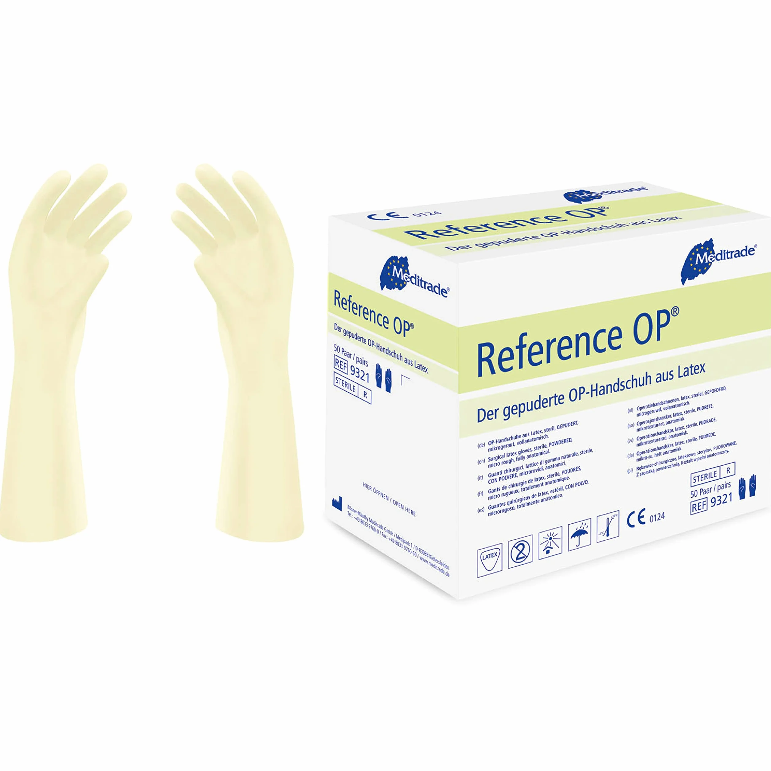 Meditrade Reference™ OP-Operationshandschuhe – Reines Latex, gepudert, steril – Geeignet für alle Operationsbereiche – Natur – Größe 8,5 – 50 Paar