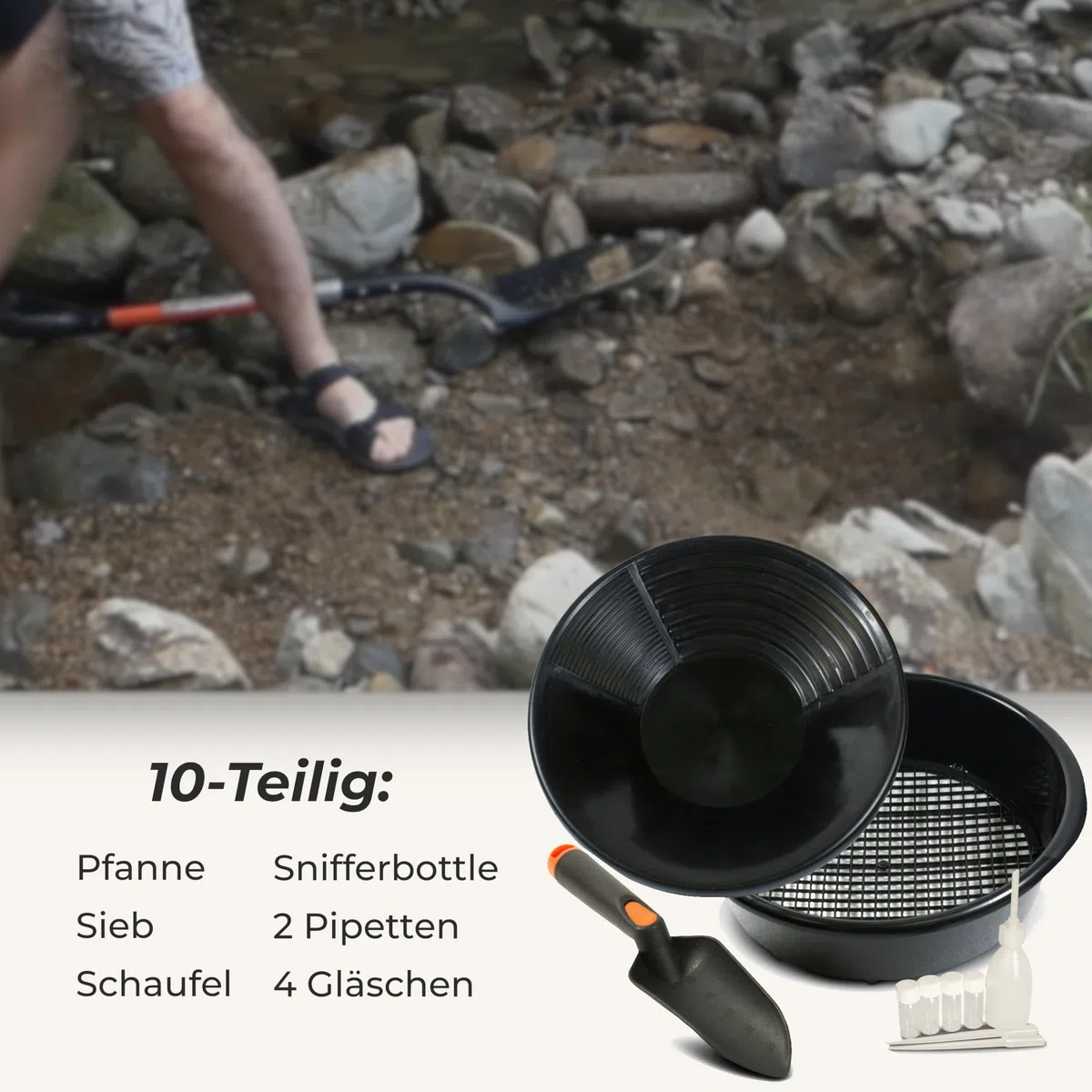 Goldwasch-Set 10-teilig – Goldwaschpfanne Ø 35 cm, Sieb, Schaufel, Snifferbottle, Pipetten & Gläschen – Komplettes Goldwasch Set für Einsteiger & Profis