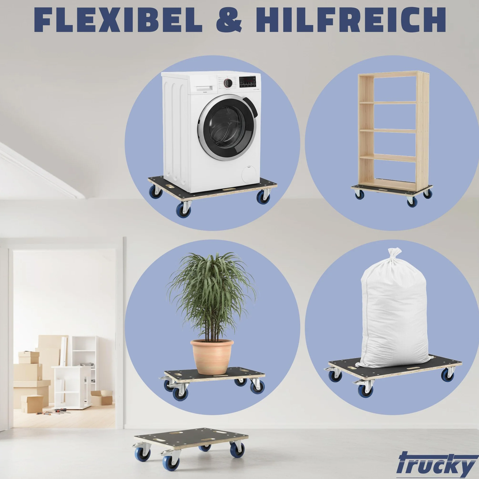 Trucky 2X Rollbrett 60 x 80 cm Transportroller 800 kg Möbelroller mit 4 Rollen und 2 Bremsen Rollwagen für Möbel Transportwagen Transport