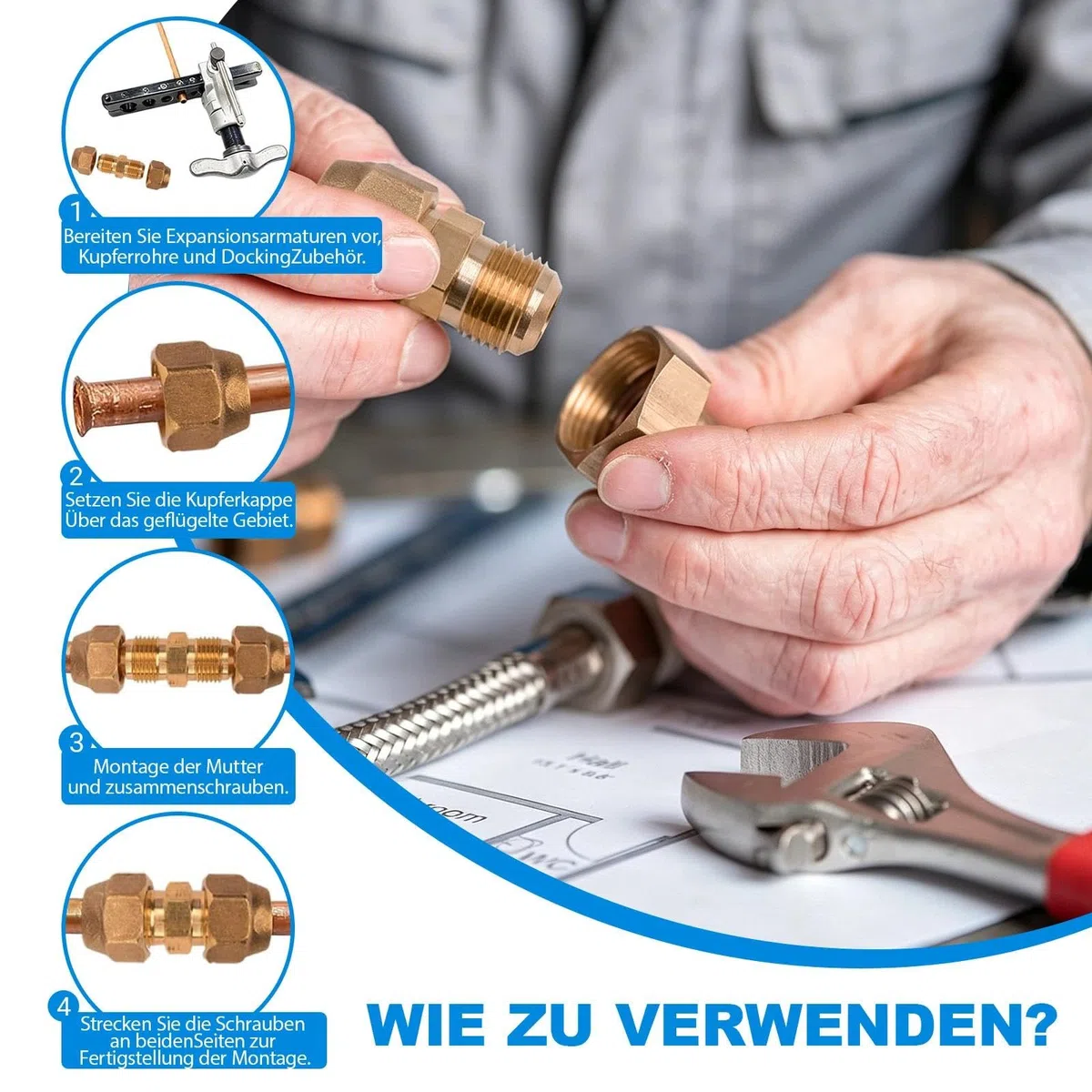 4 Stück Rohrverlängerungs-Verbindungsset, 2x 1/4" + 2x 3/8" mit Überwurfmutter, Schweißfreier Rohrverbinder für Split-Klimaanlagen & Kältemittelleitungen